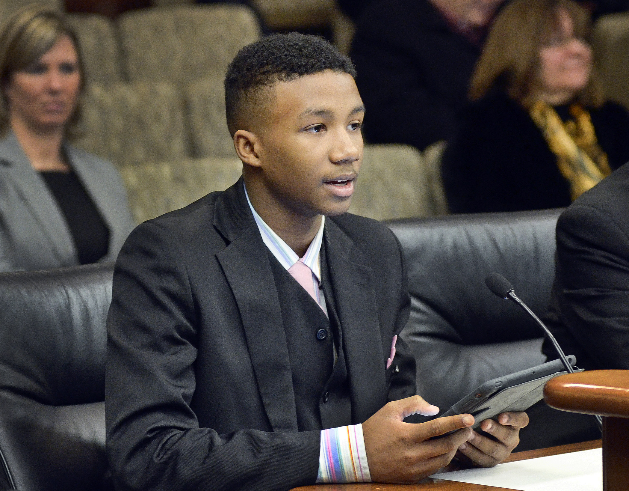 Youth intervention program participant Trenton Washington testifies before the House Public Safety and Crime Prevention Policy and Finance Committee Feb. 5 in support of a bill that would modify youth intervention program provisions. Photo by Andrew VonBank